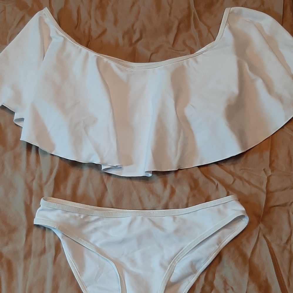 White Ruffle Off Shoulder Bathing Suit Bikini